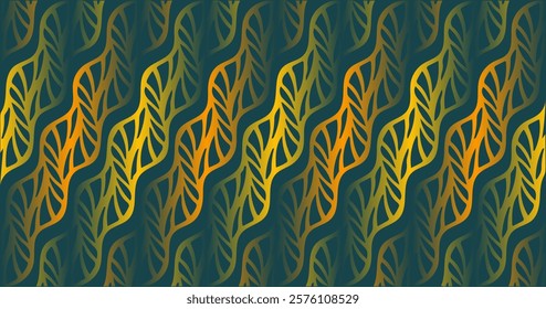 This motif highlights a nature-inspired pattern with wavy leaf-like shapes in gradients of green and orange against a dark background, evoking a serene and organic feel