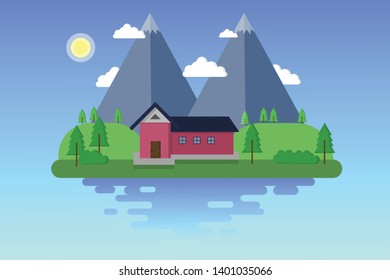 this is a mountain, camp, water, cloud, forest and island vector