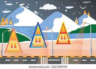 This is a mountain scene vector. Charming atmosphere. The road between the mountains to the far horizon. Sometimes some deer are seen. By the side of the road and blocking some nice houses. 