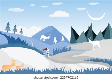 
This is a mountain scene vector. Charming atmosphere. The road between the mountains to the far horizon. Sometimes some deer. A spectacular snow scene.