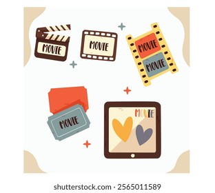 This movie clipart vector, is part of the Film Elements Series Lovers Set Illustration. It features a collection of visually appealing and versatile film-themed graphics