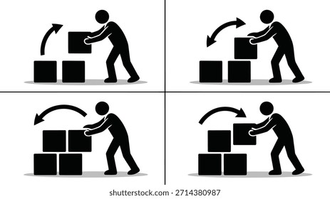 Este gráfico de varios paneles representa a una persona organizando y moviendo bloques, simbolizando el flujo de trabajo, los pasos, la gestión de tareas o el proceso.