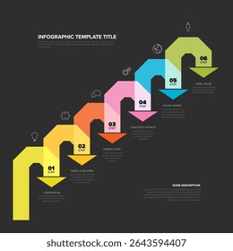 This multi-color 6 step process infographic template visually represents a horizontal workflow or timeline. Use this detailed process infographic template for business, education, or project steps.