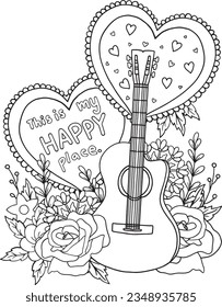 This is my happy place with Guitar and heart. Hand-drawn inspiration. Anti-stress and relaxation meditation. Happy Valentine's Day card. Coloring book for adults and kids.