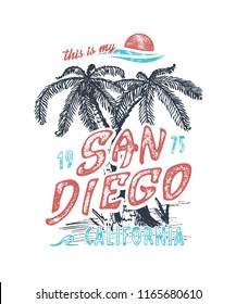 This is my San Diego. Handmade palms trees retro style. Design fashion apparel textured print. T shirt graphic vintage grunge vector illustration. Element emblem badge label logo stamp.