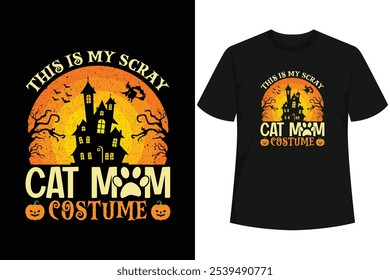 This "This Is My Scary Cat Mom Costume" design features a spooky black cat silhouette in front of an orange moon, surrounded by flying bats. Perfect for cat lovers who enjoy a touch of Halloween