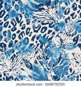 This name reflects the dreamy and original air of the image that combines leopard patterns in blue tones with tropical leaves. It leaves a mysterious and tranquil impression