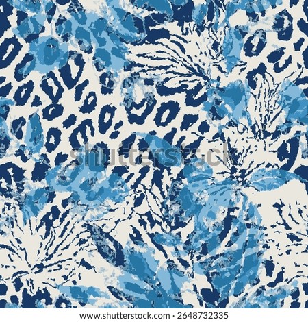 This name reflects the dreamy and original air of the image that combines leopard patterns in blue tones with tropical leaves. It leaves a mysterious and tranquil impression