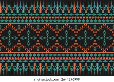 This native fabric print in brick orange and red tones on a black background features intricate geometric and floral patterns, reflecting beautiful and charming tribal textile artistry.