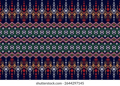 Esta impressão de tecido nativo em tons de laranja de tijolo e vermelho em um fundo preto apresenta intrincados padrões geométricos e florais, refletindo bela e encantadora arte têxtil tribal.