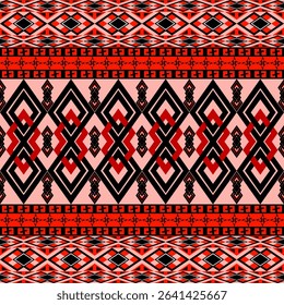This native fabric print features intricate geometric patterns in red, black, and light pink tones, exuding a strong yet refined feel and reflecting unique tribal textile artistry.