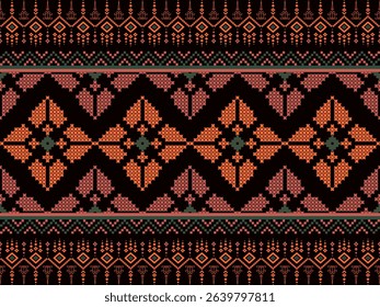 This native woven fabric features delicate geometric and floral patterns in warm tones of brick orange, red, and black, exuding a traditional charm and reflecting the beauty of ancient textile art.