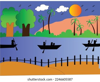 This is a Natural illustration art. There have a blue  sky, sun, cloud, birds, hill, river and boat.
This illustration you can use as a painting
for your bedroom, child's room or office.

