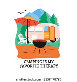 This Is Nature Image With Text – Camping Is My Favorite. Outdoor Recreation With House Car And Mountains For Logo Designs, T-shirts, Badges, Posters, Etc. 

