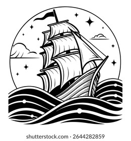 This nautical vector features a detailed, monochrome ship sailing on stylized waves under a starlit sky, all encapsulated within a neat circular frame.