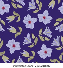 This navy blue background shows off a purple Clematis Ramona blooming in purple splendor showing its alizarin crimson anthers creating a seamless pattern design.