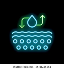 This neon icon illustrates the continuous water cycle, highlighting evaporation and precipitation processes