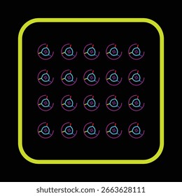 This neon outline circular icon grid features multicolor patterns in purple, blue, cyan, and pink on a black background with a yellow border. In a sleek outline style, these scalable EPS vectors.