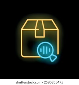 This neon sign is representing a magnifying glass inspecting a cardboard box, symbolizing the concept of package tracking