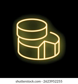 This neon yellow icon on a black background illustrates data analysis with a database pie chart