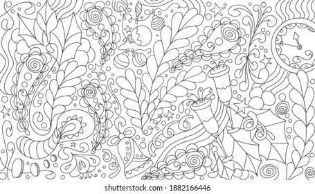 This is a new year and Christmas contour picture for coloring. This is an anti-stress picture with champagne and a bell. Vector illustration for art therapy, coloring, for greeting cards, posters.