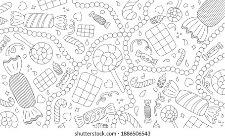 This is a New Year and Christmas contour picture for coloring. This is an anti-stress picture with lollipops, sweets. Vector illustration for art therapy, coloring pages, greeting cards, posters.