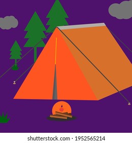 esta es una fogata nocturna con cielo morado 