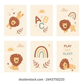 This nursery wall art collection presents adorable lion illustrations suited for children's rooms. Features fun elements like the alphabet, rainbows, and motivational phrases in soft colors.