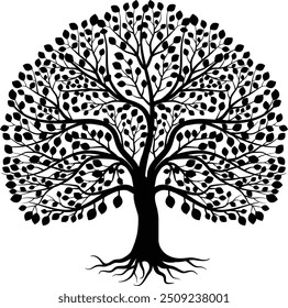 This oak tree vector illustration showcases the strong form of an oak tree, featuring detailed branches and leaves. The oak tree silhouette can be used as a logo, icon, or standalone design. 