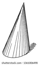 Esta es una imagen de cono oblicuo. La parte inferior del cono oblicuo es ancha y la parte superior se eleva, dibujo de línea vintage o ilustración de grabado.
