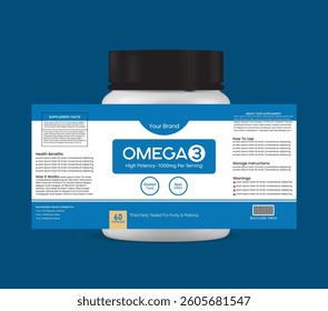 This Omega-3 supplement label template features a clean, modern, and professional design, perfect for dietary and nutritional products.