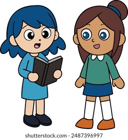 This is a One girl holding a notebook or book, explaining something to the other who is nodding and listening carefully with high qulity eps format 