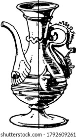 Dieser hier behandelte venezianische Pipe-Spout Pot Pourer ist ein mittelalterliches Design aus Glas. Der Spout ist in der Mitte des Körpers befestigt, schmal am Hals mit großem offenen Mund, Vintage Linie Zeichnung.