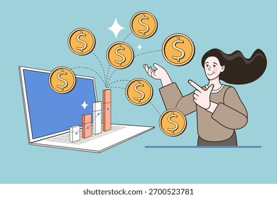 Este concepto de aprendizaje en línea muestra a una mujer feliz que recibe dinero y ganancias de su computadora portátil. El gráfico de barras de crecimiento financiero ilustra un negocio digital exitoso o ingresos pasivos.