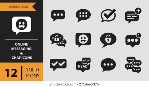 Este conjunto de iconos de mensajería y chat en línea incluye 12 iconos únicos, como la burbuja de mensajes de chat y el nuevo mensaje perfecto para diseñar Sitios web de App modernos e interfaces de comunicación digital para la participación del usuario