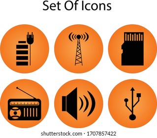 this is a orange circle set of icons.In the orange circle we have a black  battery charge icon,mobile tower icon,memory card icon,fm radio icon,usb icon and sound icon.