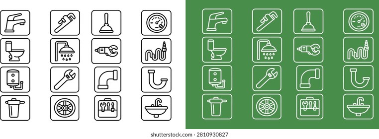 This organized graphic display showcases a diverse array of essential plumbing equipment and fixtures rendered in a minimalist white outline design. The collection is split into two distinct sections, featuring a white background on the left and a solid forest green background on the right. Each grid contains iconic representations of items such as faucets, toilets, shower heads, pipe wrenches, plungers, pressure gauges, hoses, boilers, adjustable wrenches, pipe segments, drain traps, water filters, wheels, and complete tool kits. The uniform square frames and consistent stroke weight create a professional, modern aesthetic suitable for technical manuals, home maintenance apps, or instructional guides regarding residential plumbing infrastructure and mechanical service repairs.