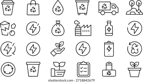 Diese organisierte monochrome Kollektion präsentiert umweltfreundliche Nachhaltigkeitssymbole wie Recycling, erneuerbare Energien und Naturschutzsymbole vor einem sauberen Hintergrund, einzeln auf Weiß.