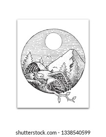 This is original hand drawn of owl in the middle of morning mountain. it's perfect for you to use it on any product or even art decor or wall decor