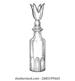 This is an original human-made vector of a decorative glass bottle with floral stopper, not generated using AI tools