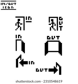 este es un ícono de entrada y salida en píxeles con color negro y fondo blanco, este elemento es bueno para presentaciones, pegatinas, iconos, diseño de camisetas, activo de juego, logotipo y su proyecto.