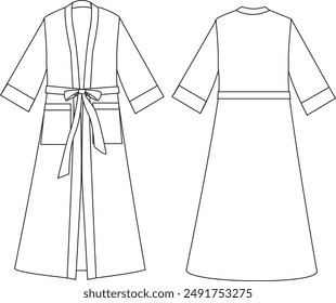 This outerwear cardigan with pocket and robe technical drawing showcases detailed elements, including the pocket design, robe-style belt, and cardigan silhouette. Ideal for fashion designers and garme