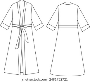 This outerwear cardigan with robe technical drawing features detailed elements, including the robe-style belt, cardigan silhouette, and seam lines. Ideal for fashion designers and garment makers, it e