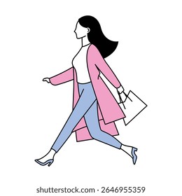 Este esboço retrata uma mulher elegante de cabelos negros andando com uma sacola de compras vestindo um casaco rosa e jeans azul; a arte é transparente e mínima.