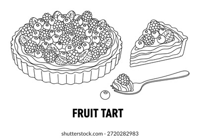 Este é esboço de desenho de deliciosa fatia de tarte de fruta na colher. Ilustração de bagas para a sua sobremesa e produtos de cozedura.