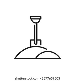 This outline icon depicts a detailed shovel next to a mound of earth, symbolizing construction and earth movement activities. Its versatile design suits various applications across multiple sectors