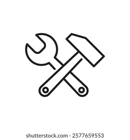 This outline icon represents essential tools used in construction and renovation, featuring items like a wrench and hammer that symbolize the artistry and technical skill required in these industries