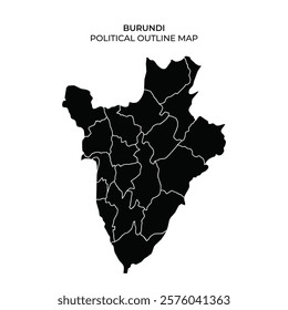 This outline map of Burundi displays the countrys political boundaries with clear divisions for each region. It serves as a visual reference for geography studies and political discussions.