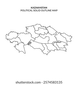 This outline map displays the political divisions of Kazakhstan, serving as a clear representation of its regions. It highlights essential geographic boundaries for educational purposes.