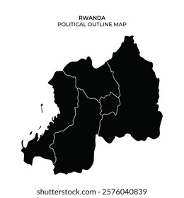 This outline map displays the political boundaries of Rwanda, highlighting the countrys different administrative divisions in a clear and simplified manner.